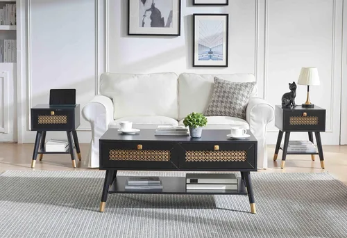 Vista 7 de Mesa de centro negra moderna de mediados de siglo con cajones de almacenamiento y estante abierto, mesa rectangular bohemia de madera maciza