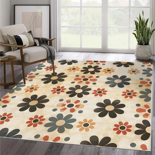 Vista 4 de Alfombra retro con flores, alfombra vintage de 2 x 3 pies, lavable antideslizante, para interiores, para entrada, entrada, cocina, mesita de noche
