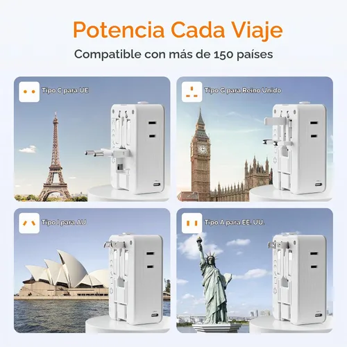 Vista 4 de TESSAN Adaptador de viaje PD 20W, adaptador de corriente universal con 3