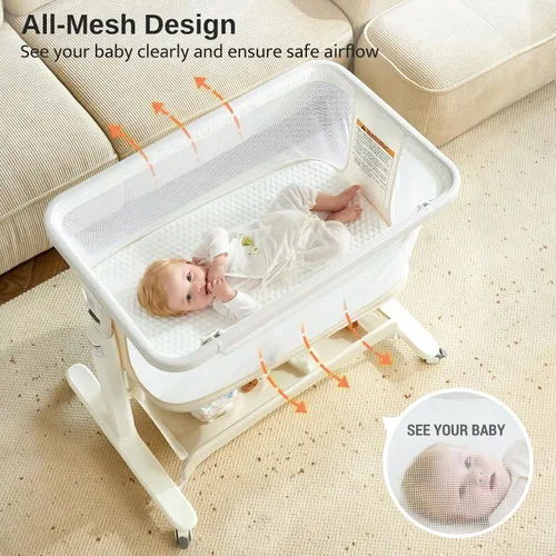 Vista 9 de Moisés de malla para bebé de 0 a 6 meses, moisés mecedor eléctrico con 3 velocidades de balanceo y 8 música, color beige