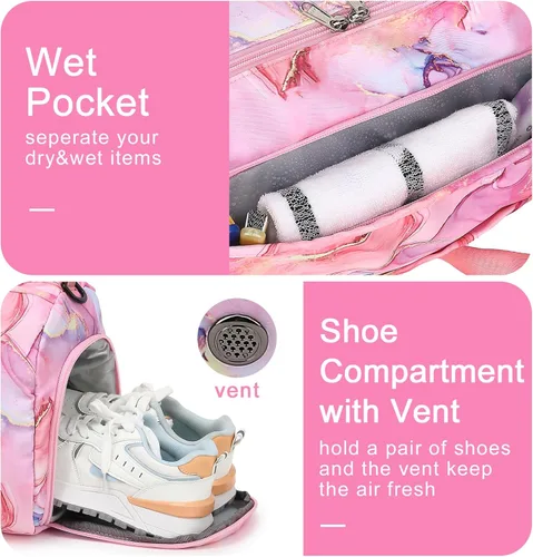 Vista 6 de BLUBOON Bolsa de lona para niñas y niños, bonita bolsa de gimnasio con compartimento para zapatos y separación húmeda, bolsa de viaje deportiva