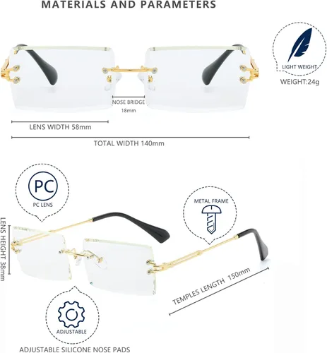 Vista 5 de LASPOR Gafas de sol rectangulares sin montura retro para mujeres y hombres lentes teñidas de metal dorado sin marco gafas cuadradas vintage