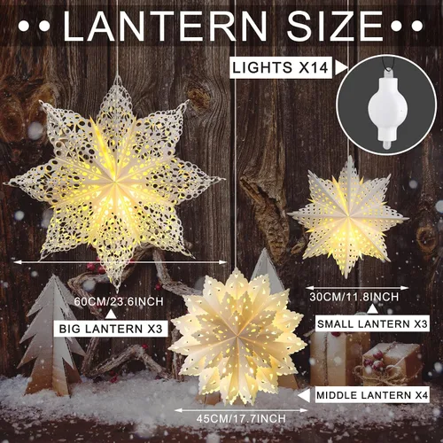 Vista 2 de Mudder 10 piezas de linterna de papel copo de nieve, linterna de papel estrella con 14 luces LED, lámpara de papel, decoración colgante de fiesta