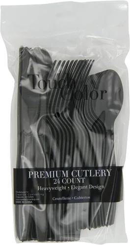 Vista 2 de Creative Converting Surtido de cubiertos de plástico premium (tenedor, cuchara, cuchillo), color terciopelo negro, paquete de 24 (8 juegos completos)