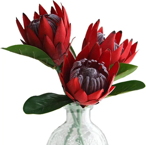 Vista 9 de Flores artificiales de seda falsa, Protea Cynaroides, arreglos florales de plástico, ramo de decoración para centros de mesa de boda, 3 piezas