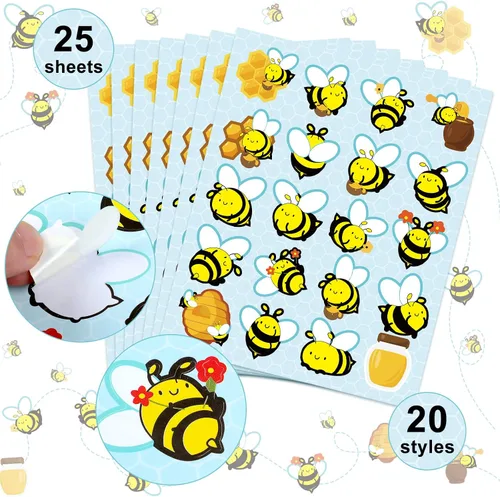 Vista 3 de 500 calcomanías impermeables de abeja para niños, 25 hojas, 20 estilos, calcomanías autoadhesivas de abeja de miel para manualidades, aula, escuela