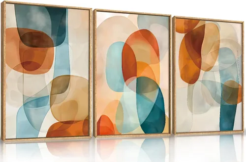 Vista 26 de Lienzo decorativo abstracto grande con marco naranja quemado, decoración de pared azul neutro y negro, arte moderno con pinceladas, impresión