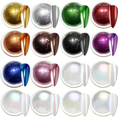 Vista 15 de Polvos holográficos de espejo para uñas, efecto dorado cromado, lentejuelas de polvo metálico puro, gel UV, pigmento de polvo cromado negro