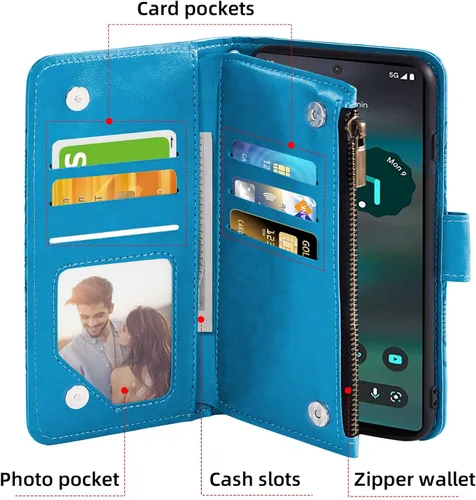 Vista 2 de Asuwish Funda de teléfono para Google Pixel 6A 5G 2022 con protector de pantalla de vidrio templado y soporte de tarjeta de crédito con tapa de Azul