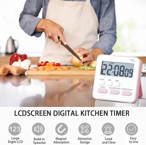 Vista 3 de Reloj temporizador magnético digital – Pantalla LCD grande con alarma fuerte, modo de flash silencioso, cronómetro y cuenta regresiva para estudio