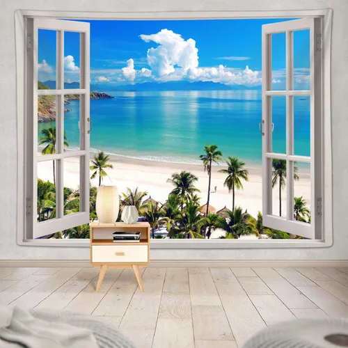 Vista 10 de Sanzugh - Tapiz de pared de playa del océano, arte de ventana falsa de naturaleza del mar de Hawái, tapices para colgar en dormitorio, dormitorio