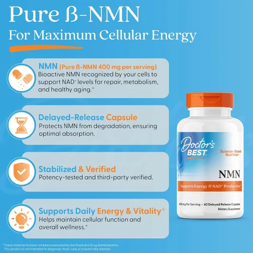 Vista 5 de Doctor's Best Suplemento NMN para mujeres y hombres, apoya la producción de NAD+ y energía celular, beta nicotinamida mononucleótido, 200 mg por