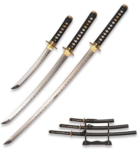 Vista 3 de FullTang Iaido Samurai - Juego de 3 piezas de espadas samurai japonesas con soporte de exhibición, vaina grabada, acero al carbono medio 1045, Hoja