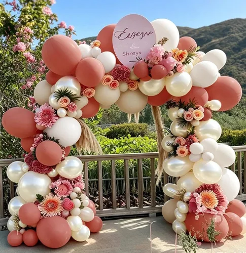 Vista 8 de Guirnalda de globos de color rosa polvoriento, globos de doble relleno, color rosa malva, kit de arco de globos de arena blanca perla para despedida