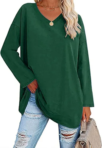 Vista 2 de Fragarn Camisetas con cuello en V para mujer color liso sueltas manga larga cuello en V cuello en V