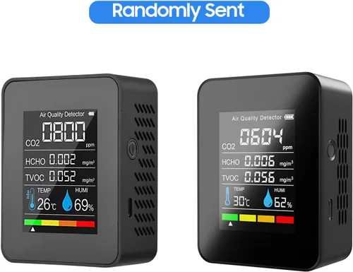 Vista 5 de LANRU Monitor portátil de calidad del aire Detector de CO2 para interiores, 5 en 1, formaldehído HCHO TVOC, probador LCD de temperatura y humedad