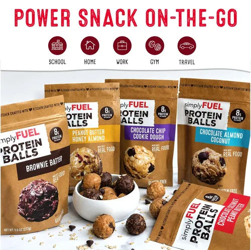 Vista 6 de simplyFUEL - Bolas de proteína de alimentos integrales con probióticos, bocadillos de chocolate y almendras y coco, 0.28 oz de proteína, bolas
