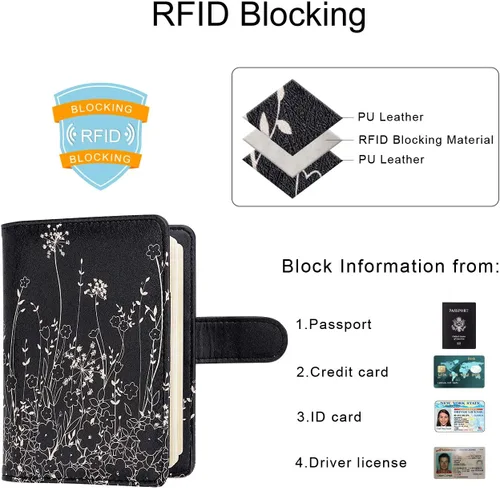 Vista 3 de WALNEW Funda para pasaporte, funda para pasaporte, tarjeta, cartera, C-black Flowers, Estilo C