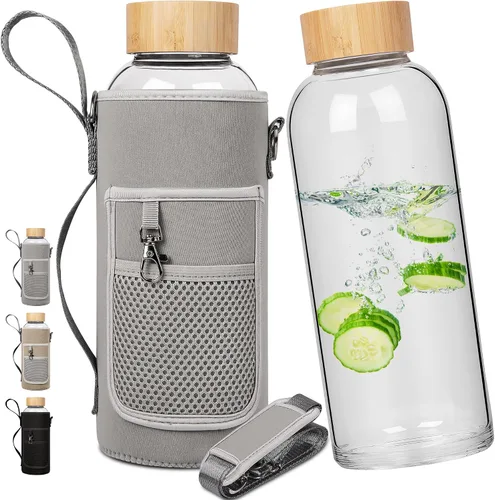 Vista 12 de Botella de agua de vidrio de borosilicato para deportes de 48 onzas, con tapa de bambú y funda de neopreno