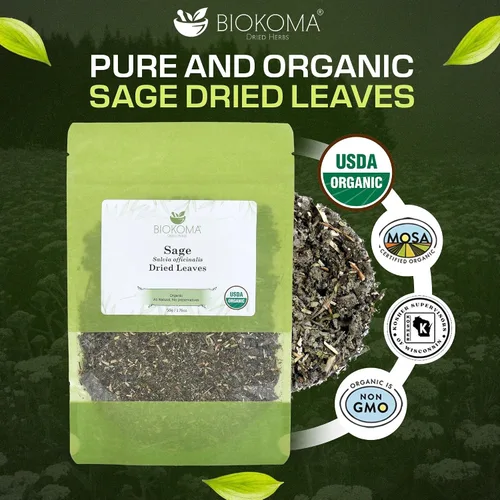 Vista 2 de Biokoma Hojas de salvia orgánica, 1.76 oz, 1.76 onzas, Salvia officinalis seca, hojas sueltas, USDA Organic Herbal Tea Balance Mental Clarity
