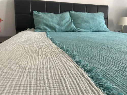 Vista 7 de Manta de muselina 100% algodón, colcha de 4 capas, funda de cama suave de muselina de algodón turco, colcha reversible, turquesa