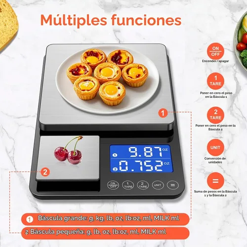 Vista 3 de KUAIVO Báscula de cocina de doble plataforma de 0.001 onzas / 33 libras, báscula digital de alimentos con dos superficies de precisión, pantalla