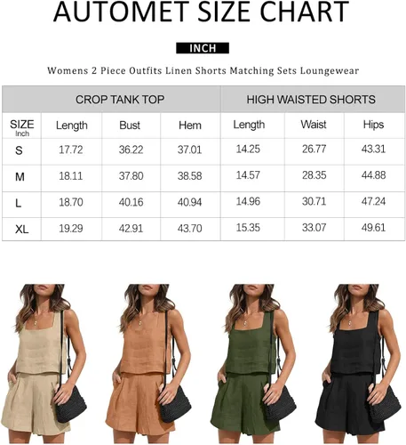 Vista 6 de AUTOMET Conjunto de 2 piezas para mujer, conjunto de dos piezas de lino, pantalones cortos de lino, ropa de moda, conjunto de vacaciones de verano