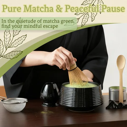 Vista 2 de Juego de 8 batidores de matcha, cuenco de bambú Chasen Matcha con boquilla, tamiz, cuchara, soporte para batidor, alfombrilla de bambú, kit completo