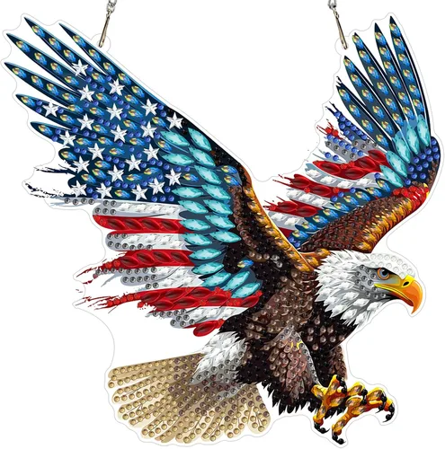 Vista 30 de MXJSUA Atrapasoles con pintura de diamante de águila calva americana, kits de arte de diamantes para adultos, adornos colgantes con cadena