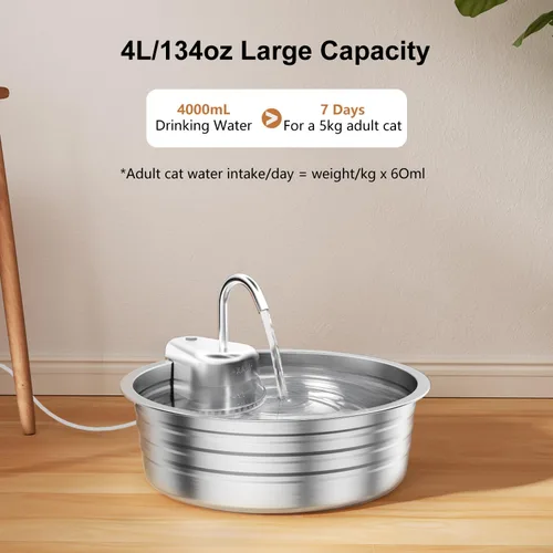 Vista 2 de Fuente de agua para gatos de acero inoxidable, fuente de agua para mascotas de gran capacidad de 135 onzas / 4 litros para gatos en interiores