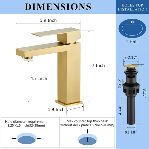 Vista 5 de Tohlar Grifo de baño dorado, grifo dorado cepillado para fregadero de baño, grifo de baño dorado de un solo agujero, moderno grifo de lavabo