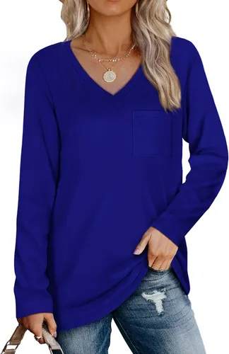 Vista 2 de Geifa Blusa de manga larga con cuello en V para mujer, holgada, casual, con bolsillo