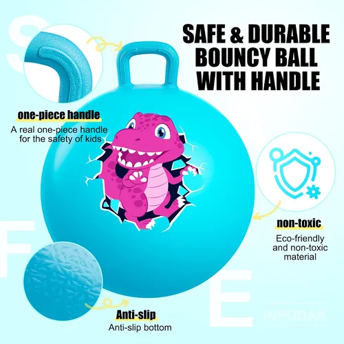 Vista 4 de Pelota saltarina Inpodak de 18 pulgadas con asas para niños, juguete de salto y rebote Hippity Hop para niños de 3 a 6 años, incluye bomba y caja