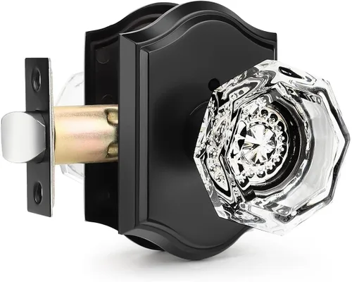 Vista 20 de Gobrico Juego de pomos de puerta de vidrio transparente para interiores, cerradura de puerta de cristal de diamante de privacidad en latón antiguo