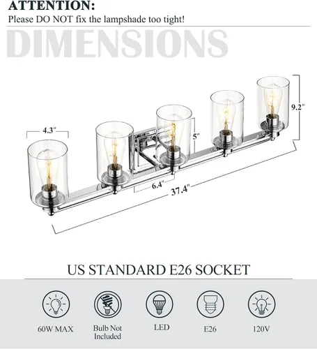 Vista 3 de HWH - Lámpara de tocador cromada con 5 luces sobre espejo, lámpara de pared moderna para baño, 37 pulgadas, acabado cromado, 5HLT63B-5W CH