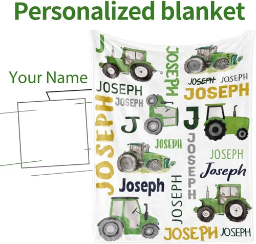 Vista 7 de Manta personalizada de camión tractor con nombre para bebés niños, manta con nombre personalizada de camiones para niños, mantas de franela suave