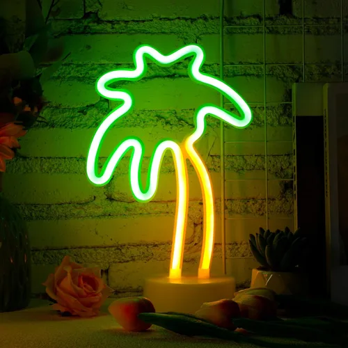 Vista 2 de Liliful Letrero de neón de flamenco, palmera de coco, luces de neón, hojas de palmera, funciona con pilas, alimentado por USB, con pedestal