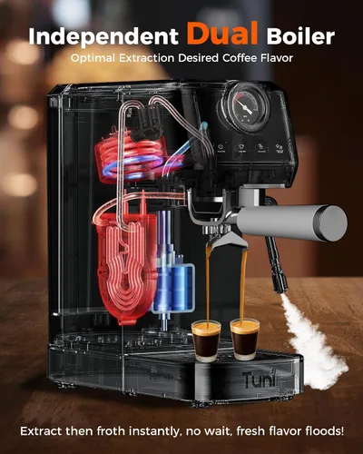 Vista 2 de Máquina de Espresso Tuni E2 de 58mm - Caldera Dual (Espumado de Leche Inmediato) Control de Temperatura PID NTC Bomba ULKA de 20 Bar Cafetera