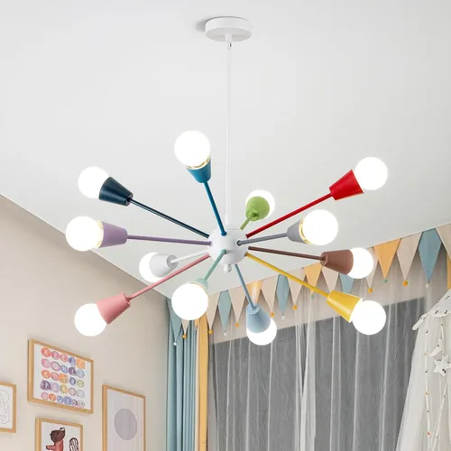 Vista 10 de Candelabro colorido, candelabro Sputnik moderno, 8 luces para niños con luces divertidas multicolor arcoíris para habitación de niños, sala