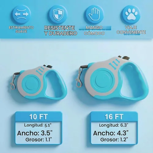 Vista 6 de Correa retráctil para perros ligera de 10/16 pies con mango antideslizante, para perros pequeños y cachorros (Gris Azul, 10 pies)