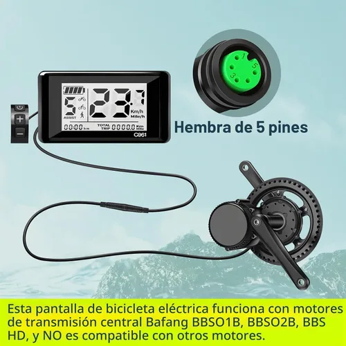 Vista 6 de Pantalla LCD Ebike hembra de 5 pines C961 para Bafang BBS01B BBS02B BBSHD Mid Drive Motor, computadora de pantalla Ebike con protocolo UART 0-9