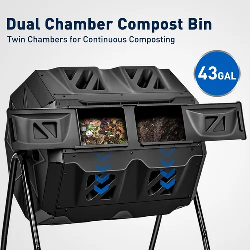 Vista 2 de Yesker Contenedor de compostaje de doble cámara para exteriores, compostador giratorio de 43 galones con puertas correderas, montaje rápido