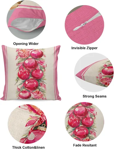 Vista 5 de Paquete de 2 fundas de almohada de algodón, diseño de bolas rosas de Feliz Navidad, cuadradas, suaves, decorativas, para sala de estar, dormitorio