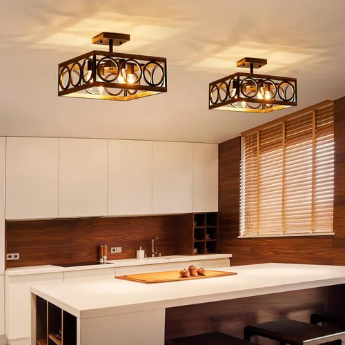 Vista 7 de XINGQI Moderna lámpara de techo semiempotrada de 4 luces de 13 pulgadas para sala de estar, comedor, dormitorio, grano de madera antigua+acabado