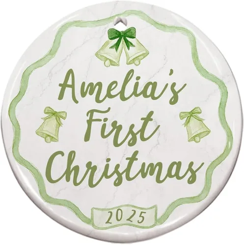 Vista 5 de Adorno personalizado de cerámica para la primera Navidad del bebé 2025 – Recuerdo navideño de copo de nieve personalizado con nombre, nuevo adorno