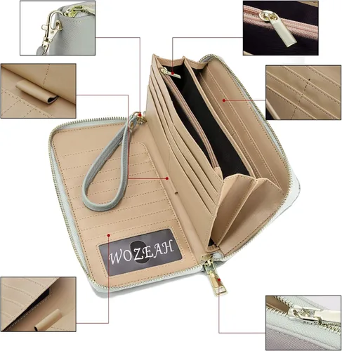 Vista 5 de WOZEAH - Cartera de piel sintética con cremallera y bloqueo RFID para mujer, ideal para viajar