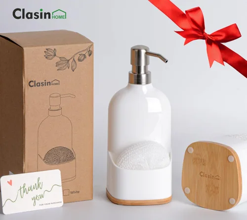 Vista 5 de Clasin Home Dispensador de jabón de cocina con soporte para esponja, dispensador de jabón acrílico recargable de 17 onzas para fregadero de cocina
