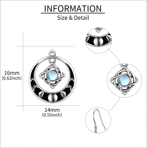 Vista 6 de Pendientes de nudo de brujas de plata de ley, aretes de nudo mágico de bruja, piedra lunar, joyería pagana, joyería de fase para mujeres y niñas