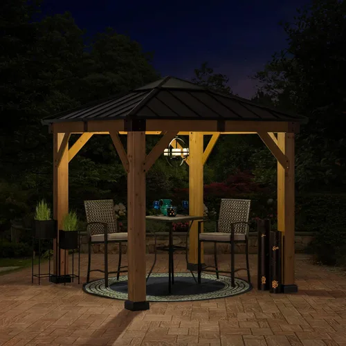 Vista 10 de Kiosco con techo rígido Sunjoy de 9 x 9 pies. Gazebo de madera con estructura de cedro mejorado con techo de acero marrón y policarbonato a dos