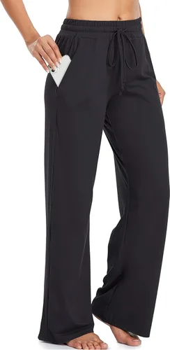 Vista 4 de ADANIKI Pantalones deportivos para mujer, pantalones de yoga con bolsillos para mujer, pijamas de trabajo, pantalones de pierna ancha con cordón